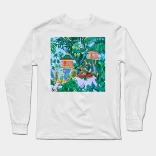 Chinoiserie monkey playing flute in hanging gardens Long Sleeve T-Shirt